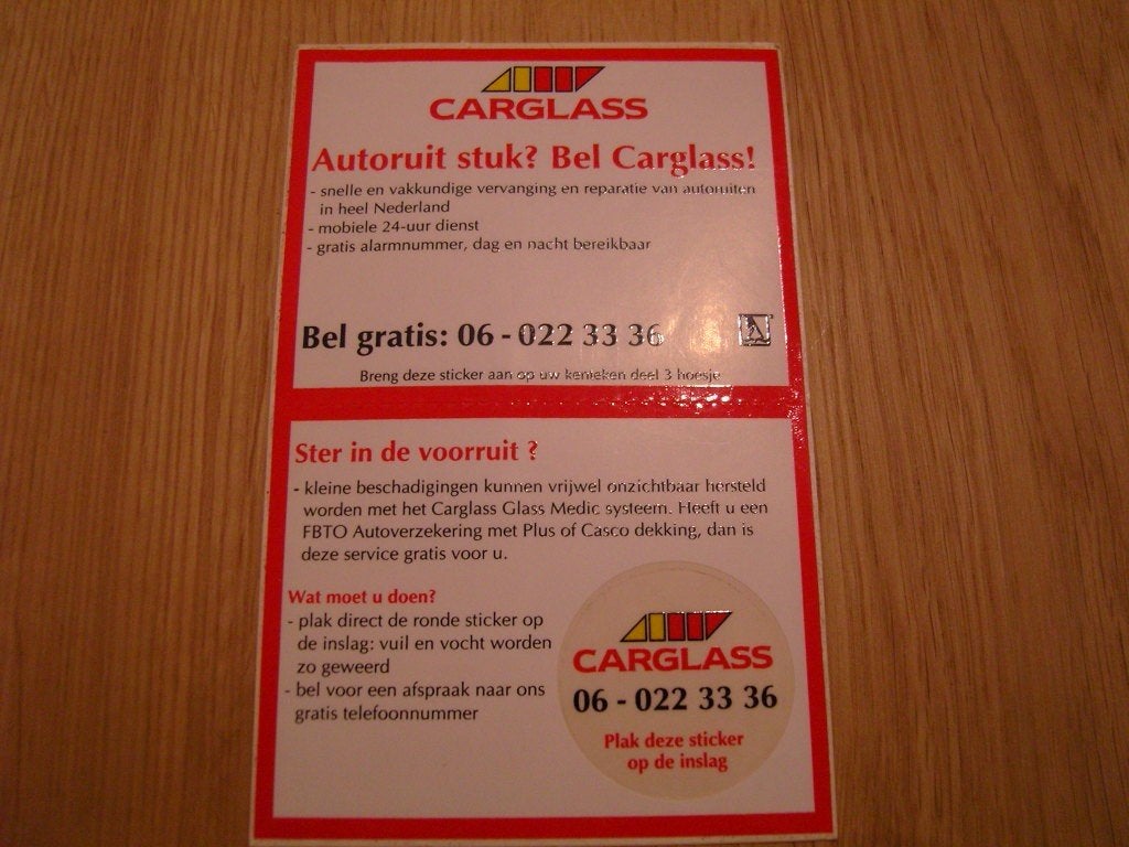 sticker CARGLASS  Autoruit stuk ? Bel Carglass, Verzamelen, Stickers, Ophalen, Zo goed als nieuw