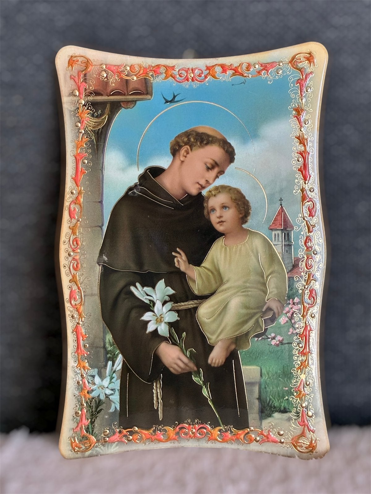Vintage devotiepaneel – Sint Antonius met Kindje Jezus, Ophalen of Verzenden, Zo goed als nieuw, Beeld(je)