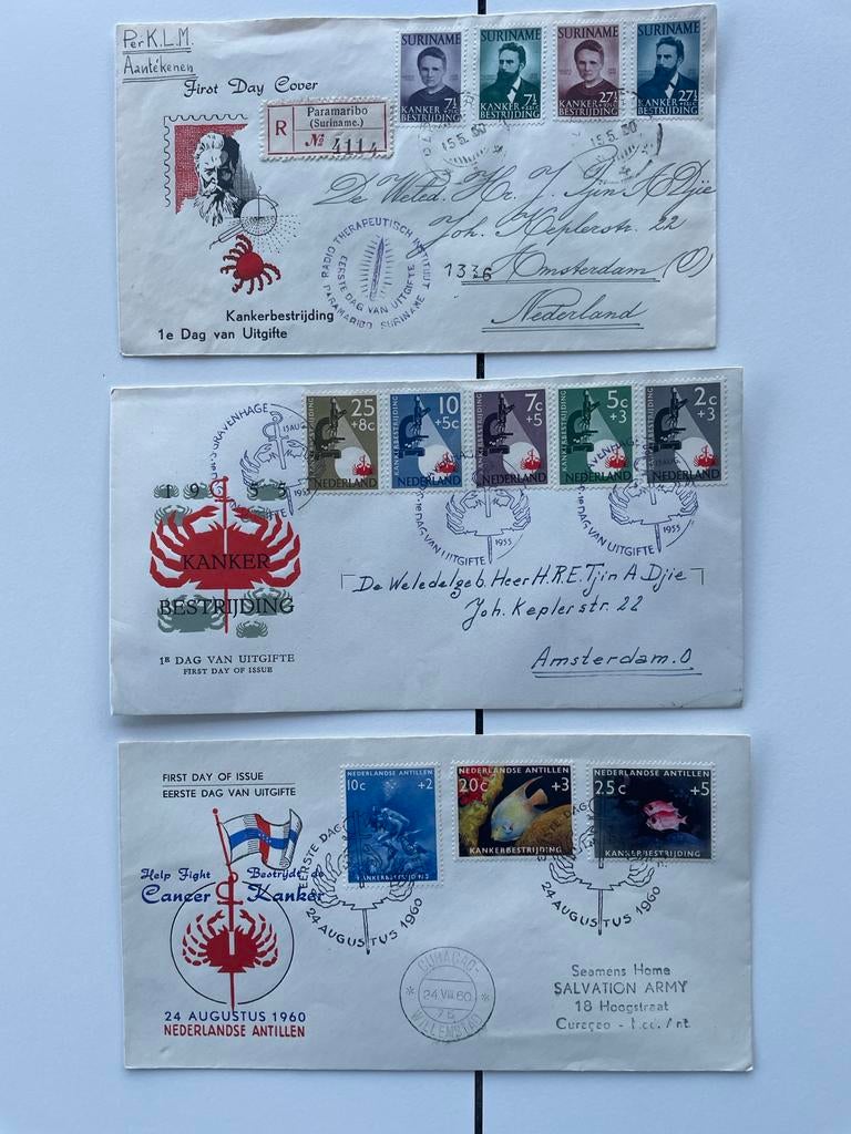 3x Kankerbestrijding FDC's: Suriname (Aangetekend), NL, NA, Ophalen of Verzenden, Gestempeld, Overige thema's
