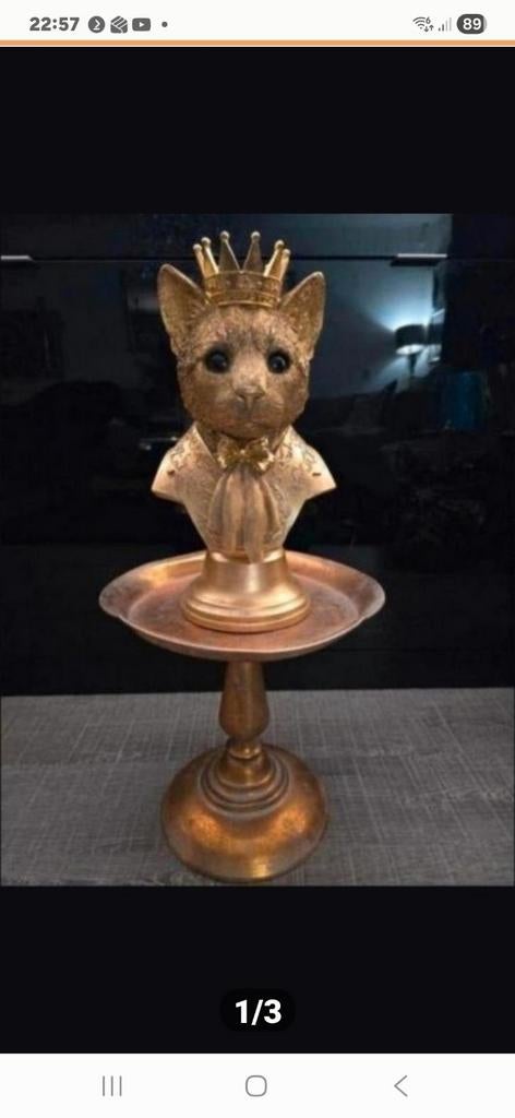 Bronzen Kattenbuste met Kroon op Sokkel, Verzamelen, Beelden en Beeldjes, Ophalen of Verzenden, Nieuw, Dier