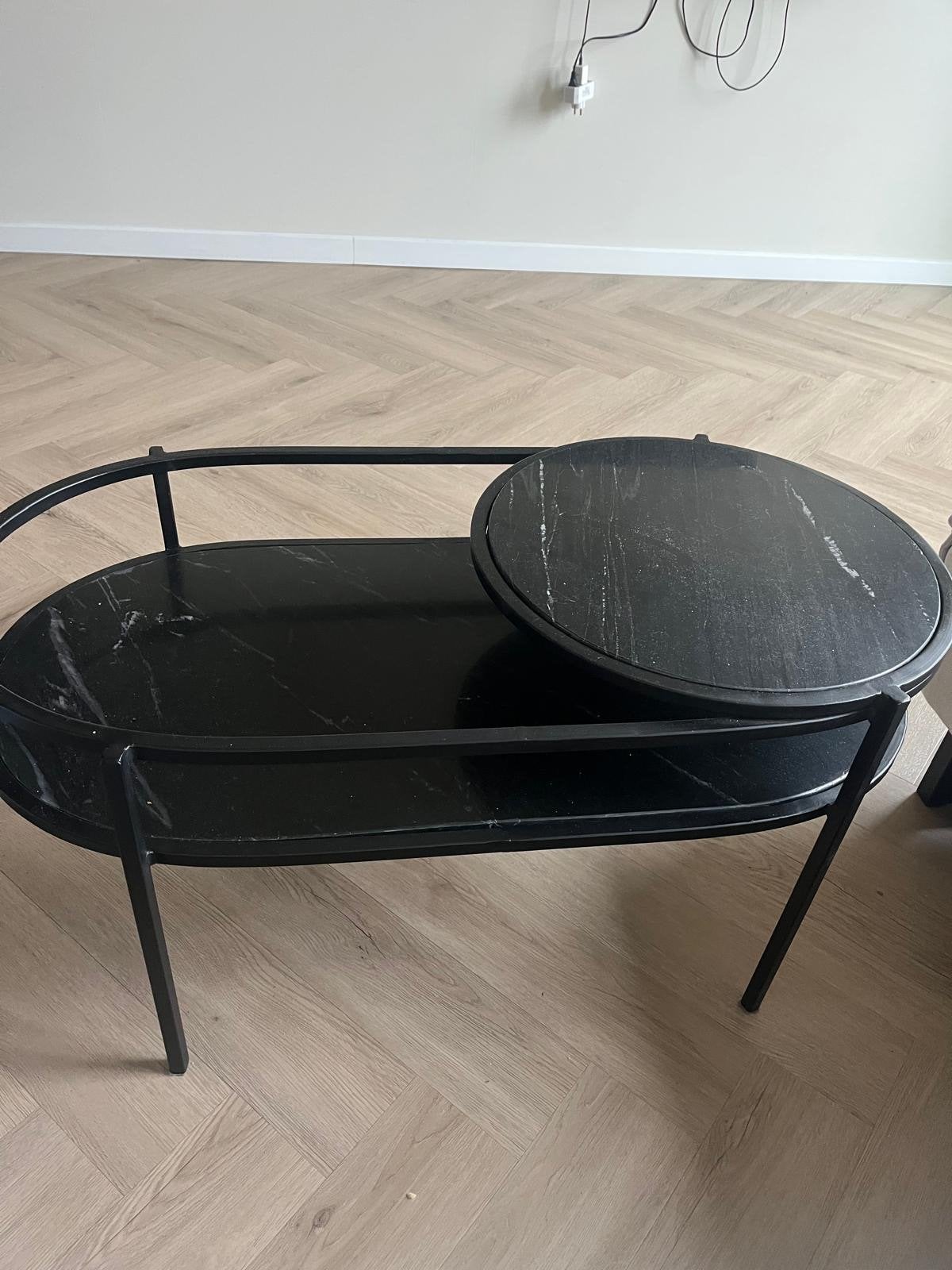 Salontafel zwart staal met marmeren bladen 90x46x45 cm, Ophalen, Gebruikt, 50 tot 100 cm, Metaal