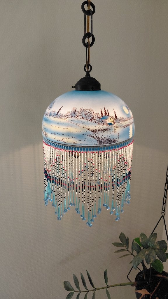 Hanglamp gebrandschilderd met kralen, Huis en Inrichting, Gebruikt, Vintage, Glas, E27 (groot)