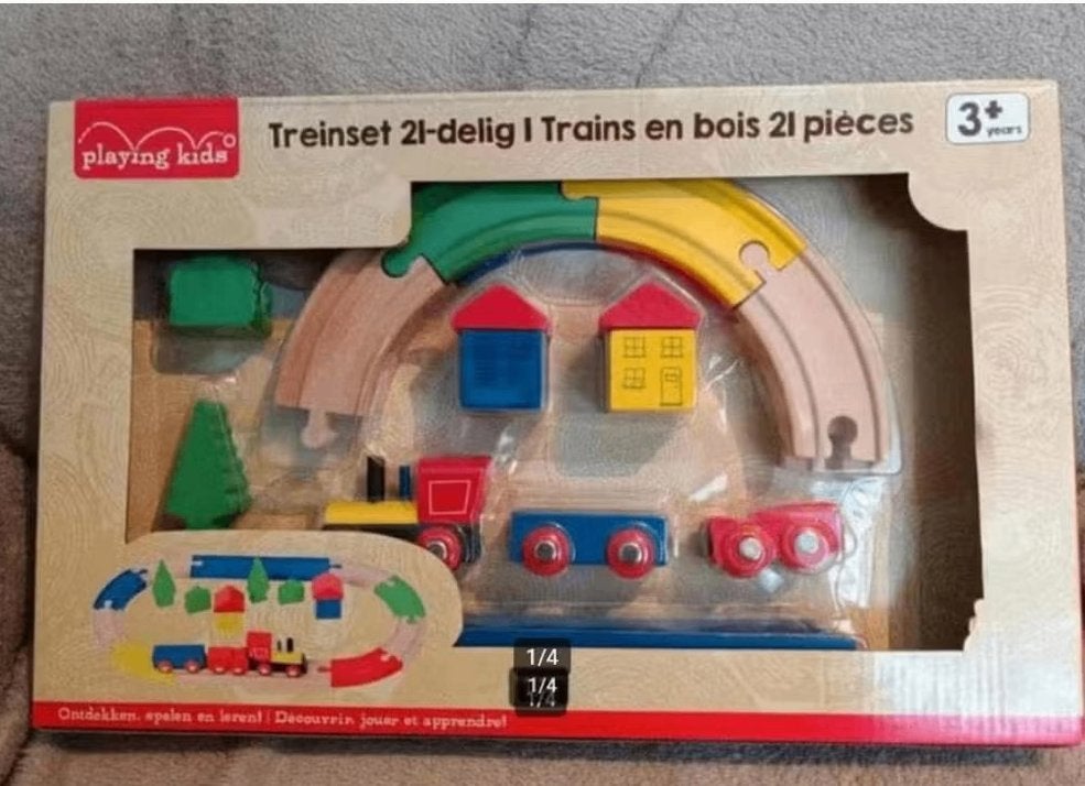Playing kids houten treinbaan 21 delig, Gebruikt, Ophalen of Verzenden