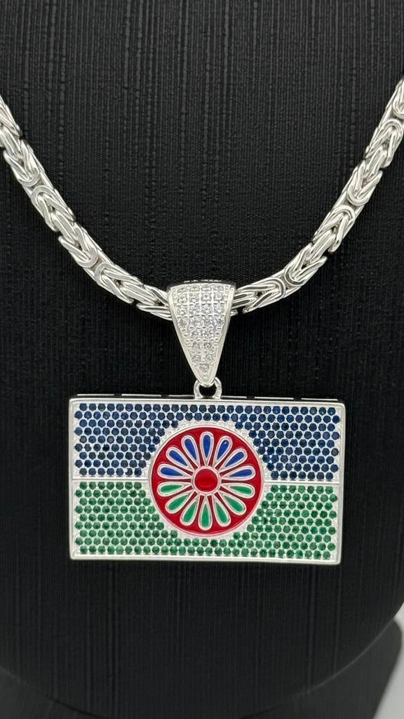 925 Zilver koningsketting met Roma & Sinti vlag hanger 60cm, Met hanger, Nieuw, Ophalen of Verzenden, Nvt