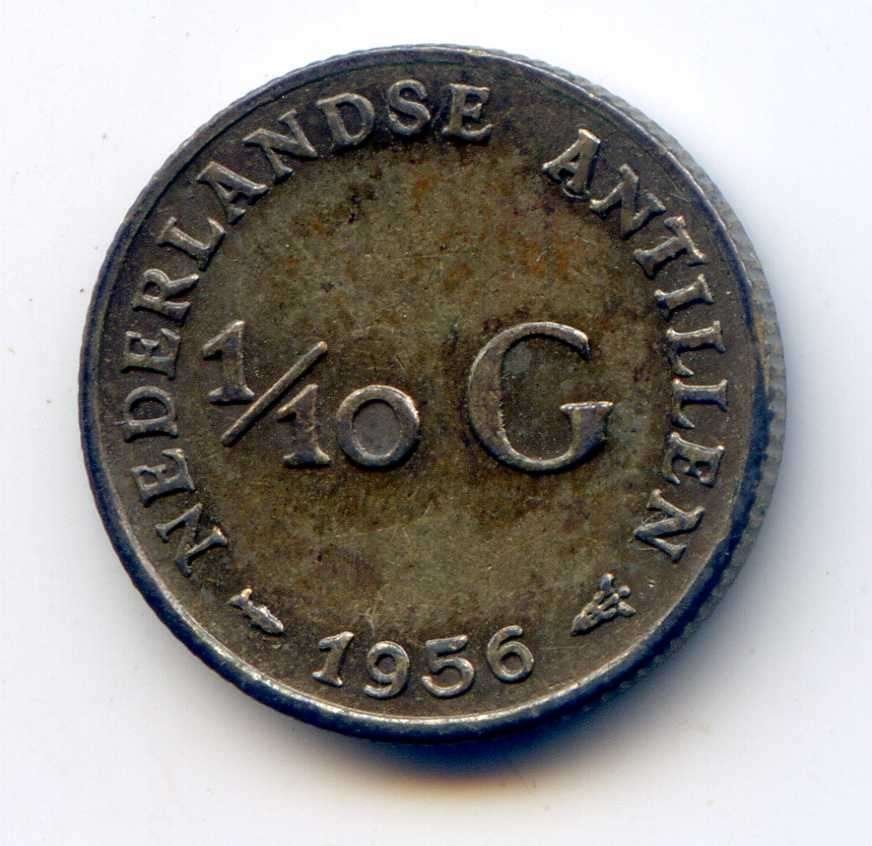 Nederlandse Antillen 1/10	Gulden	1956, Ophalen of Verzenden, Koningin Juliana, Zilver