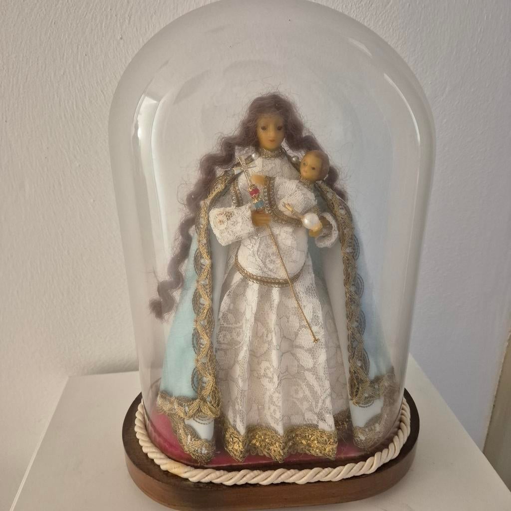 Antiek Mariabeeld met kindje Jezus in glazen stolp, Ophalen of Verzenden