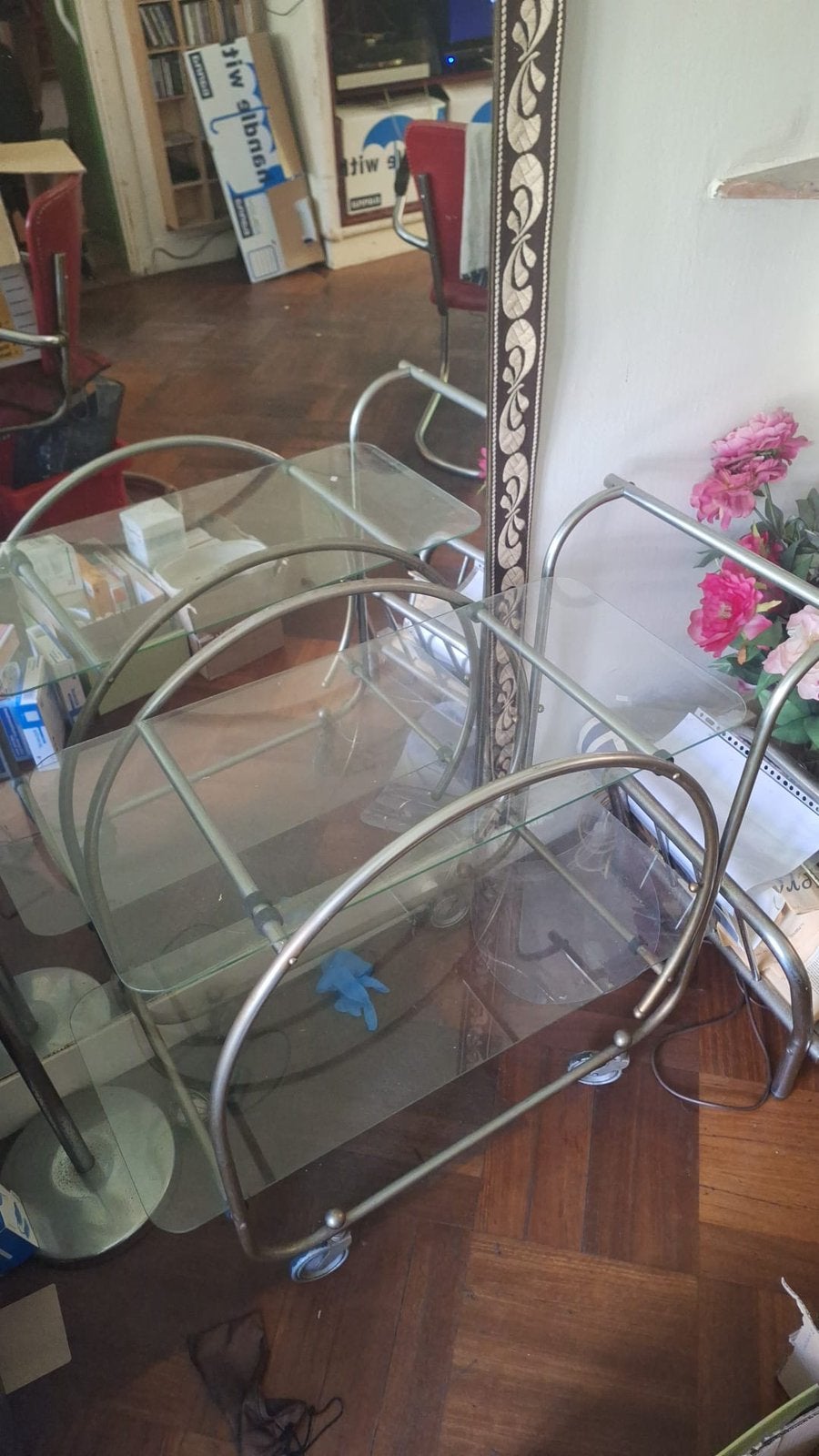 Gispen Glazen trolley/theemeubel met metalen frame, Ophalen, Gebruikt, 55 tot 75 cm, Glas