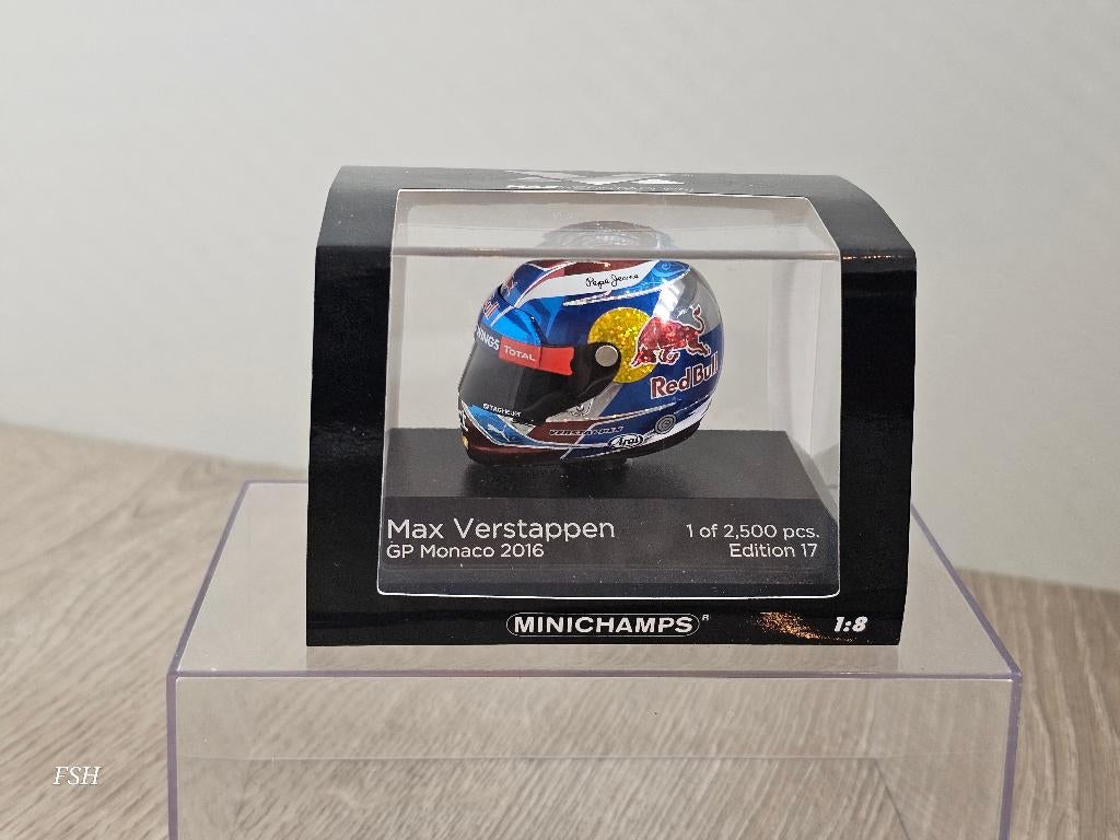Helm Max Verstappen, Monaco '16, Edition 17, Minichamps 1:8., Ophalen of Verzenden, Zo goed als nieuw, Formule 1