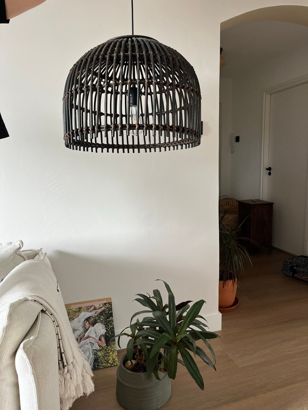 Rotan hanglamp -, Huis en Inrichting, Ophalen of Verzenden, Zo goed als nieuw, Natuurlijk materiaal, E27 (groot)
