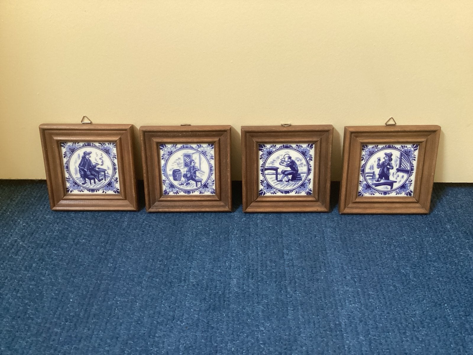 Set van 4 Delfts Blauwe Tegeltjes in Houten Lijst, Antiek en Kunst, Ophalen of Verzenden