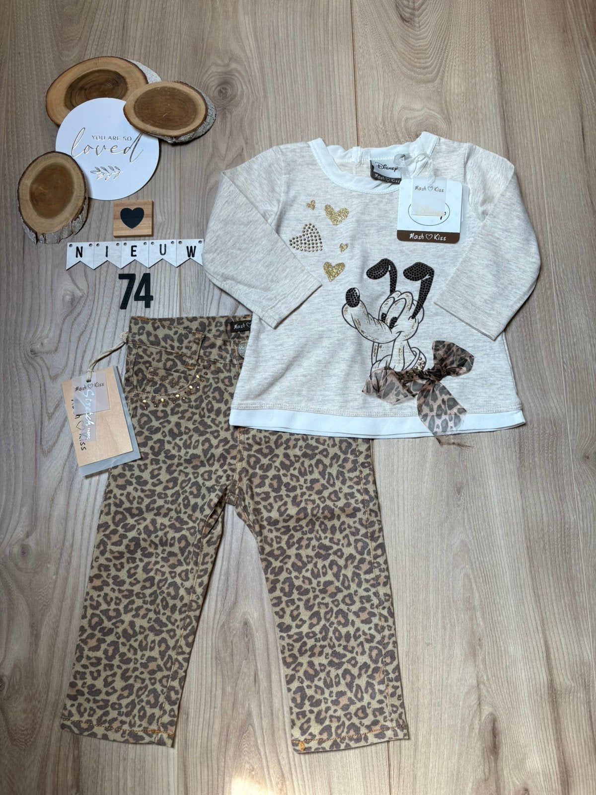 Baby meisje setje mash kiss disney pluto shirt broek maat 74, Ophalen of Verzenden, Nieuw, Meisje, Setje