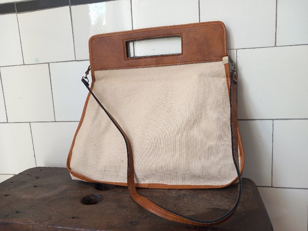 gratis verzenden leuk vintage boho tas skai leer canvas stof, Verzenden, Bruin, Handtas