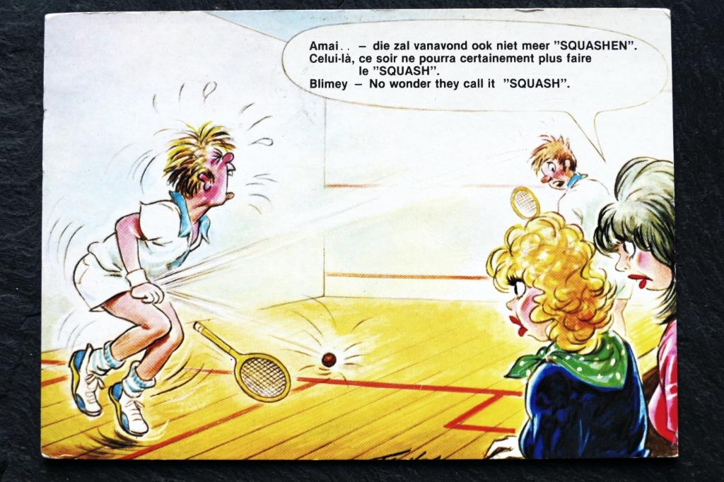 Die squashbal kwam heel onprettig terecht... 1985, humor, Verzenden, 1980 tot heden, Gelopen, Sport en Spel