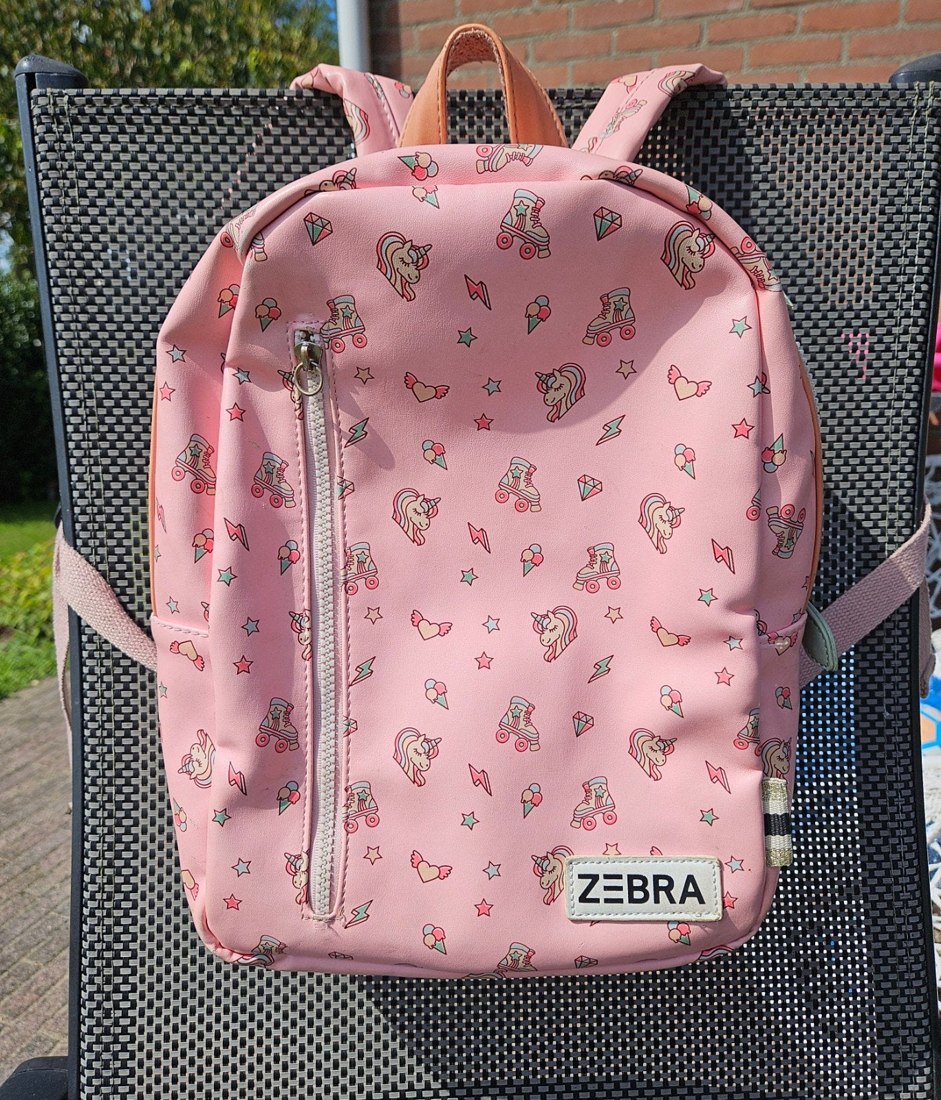 Roze Zebra rugzak met eenhoorns, ijsjes en rolschaatsen, Gebruikt, 25 tot 40 cm, 30 tot 45 cm, Ophalen