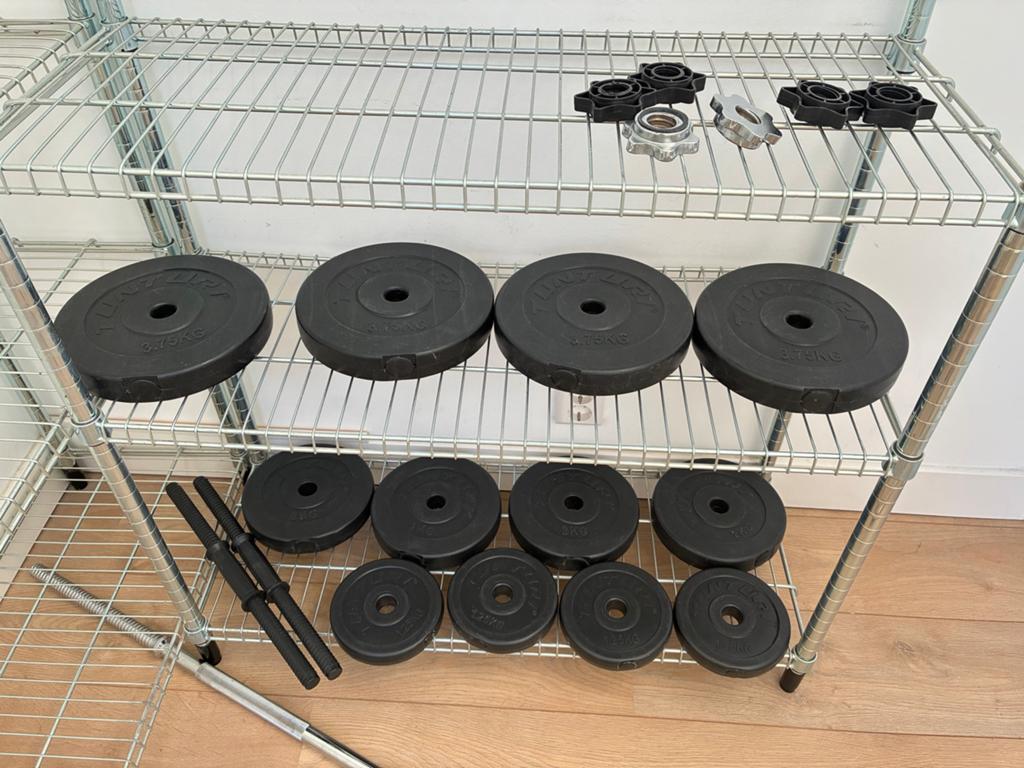 Halterset met stang en losse gewichten (37 kg totaal), Ophalen, Gebruikt, Armen, Halterset