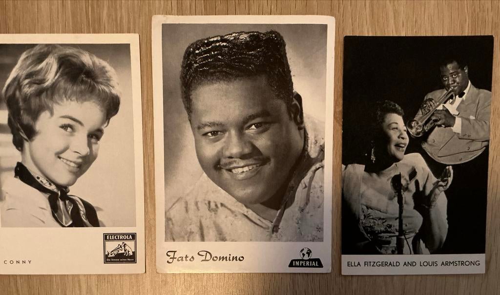 3 verzamelkaarten van artiesten uit de jaren 50 en 60, Verzamelen, Ophalen of Verzenden, Gebruikt, Foto of Kaart