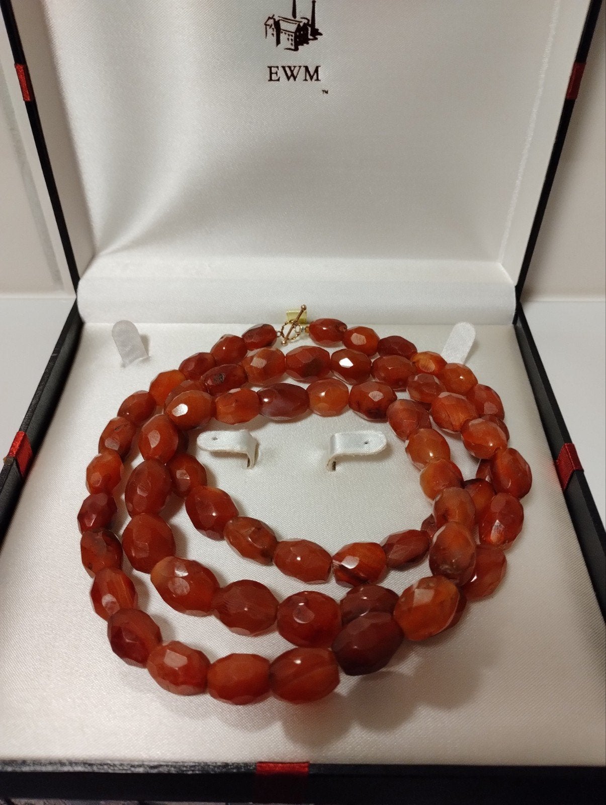Oude ketting met 63 facet geslepen carneolen en 14k/585 slot, Sieraden, Tassen en Uiterlijk, Antieke sieraden, Ophalen of Verzenden