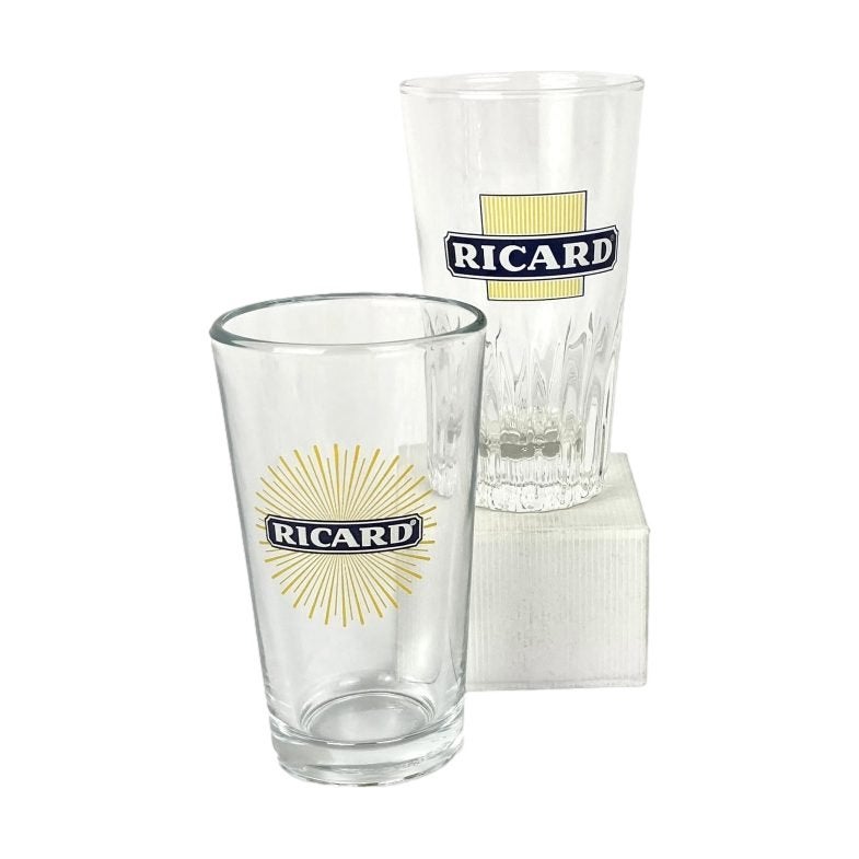 Ricard - 2 Kleine glazen - Vierkant logo en streepjes zon, Niet ingevuld, Niet ingevuld, Niet ingevuld