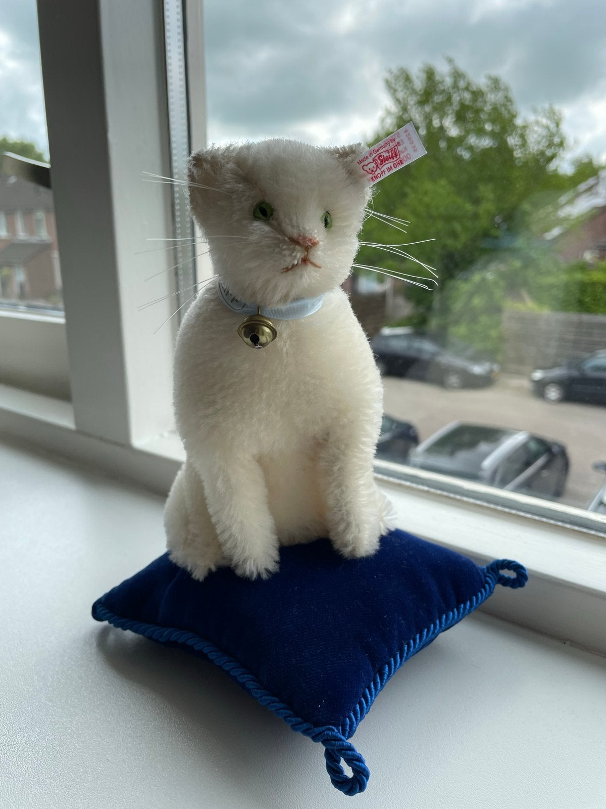 Steiff Katje op Kussen - Vintage Steiff Collectible, Ophalen of Verzenden, Zo goed als nieuw