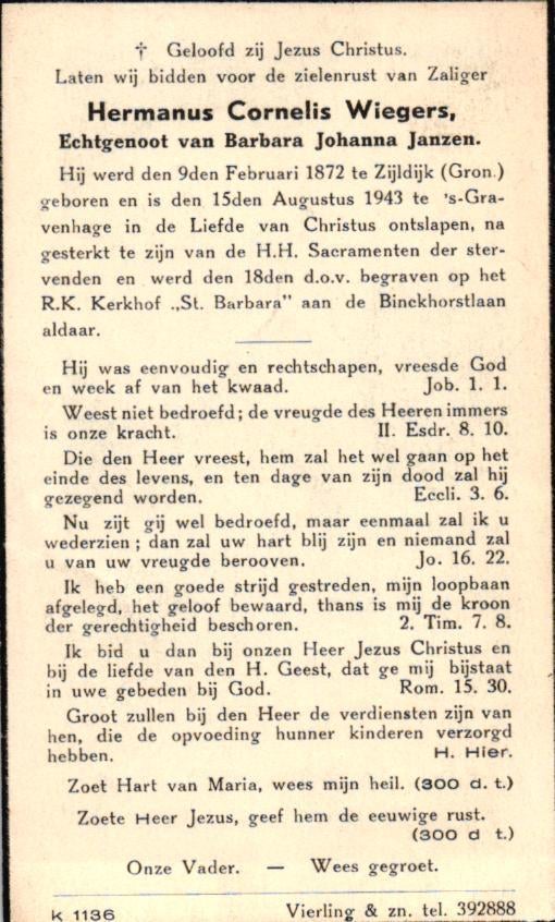 Wiegers Hermanus Cornelis Zijldijk 1872-1943 's-Gravenhage, Ophalen of Verzenden