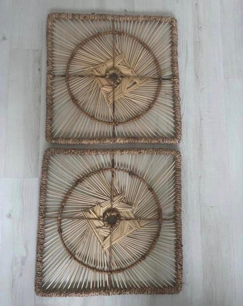 Set van 2 natuurlijke wanddecoraties van bamboe, Boho, Ophalen of Verzenden, Zo goed als nieuw, Wandbord of Wandpaneel