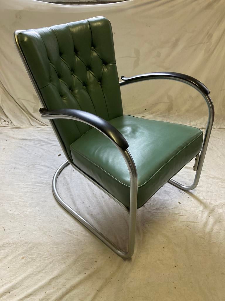 Vintage Jaren '50 Mat Chroom Gispen 412 GE Fauteuil Groen, Ophalen, Minder dan 75 cm, Gispen Culemborg, Zo goed als nieuw