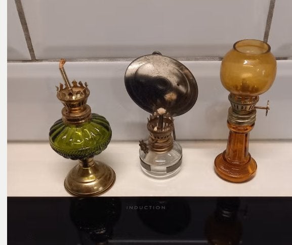 Set van 3 vintage / antieke miniatuur olielampen (petroleuml, Ophalen of Verzenden