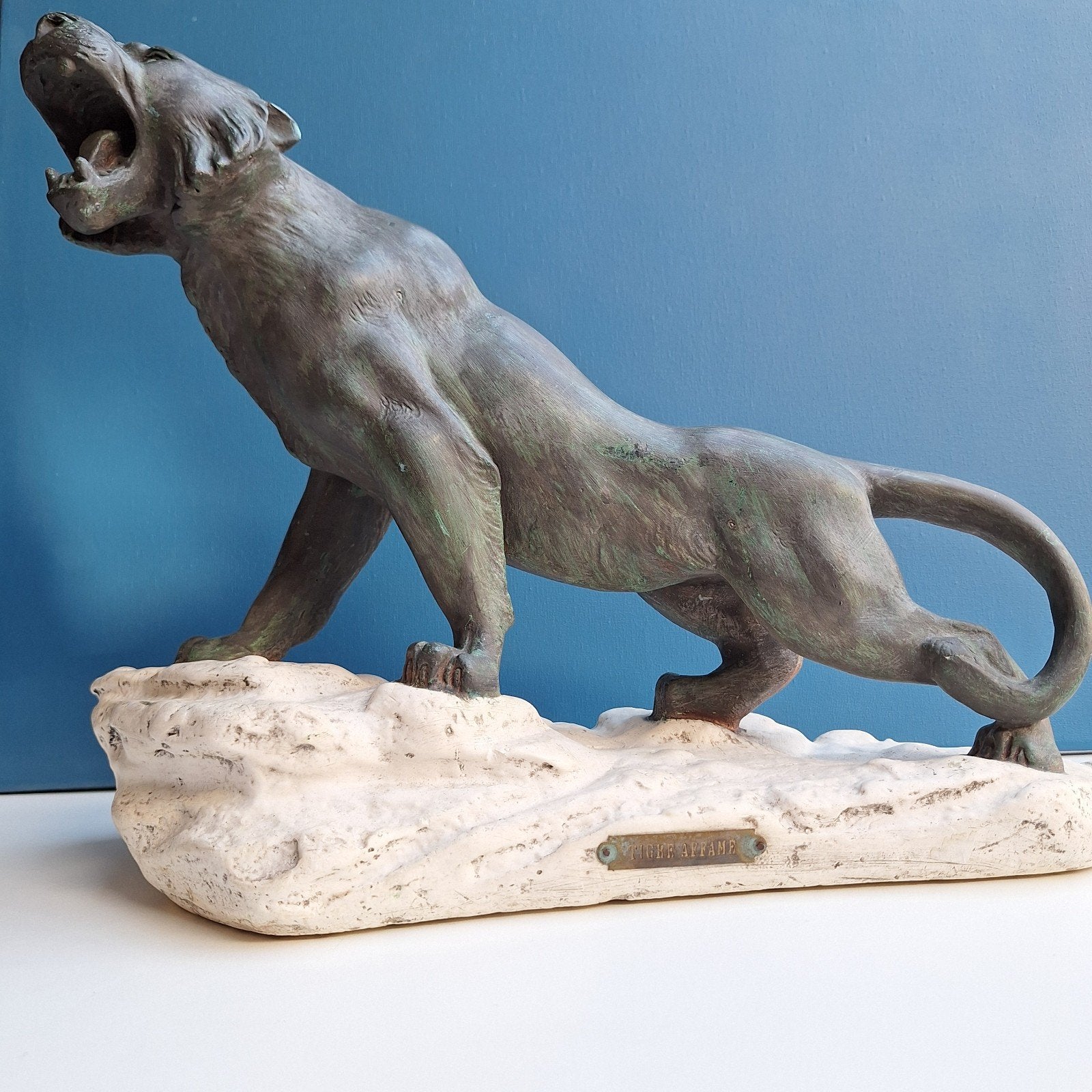 art deco beeld brullende tijger brons gepatineerd, Antiek en Kunst, Kunst | Beelden en Houtsnijwerken, Ophalen of Verzenden