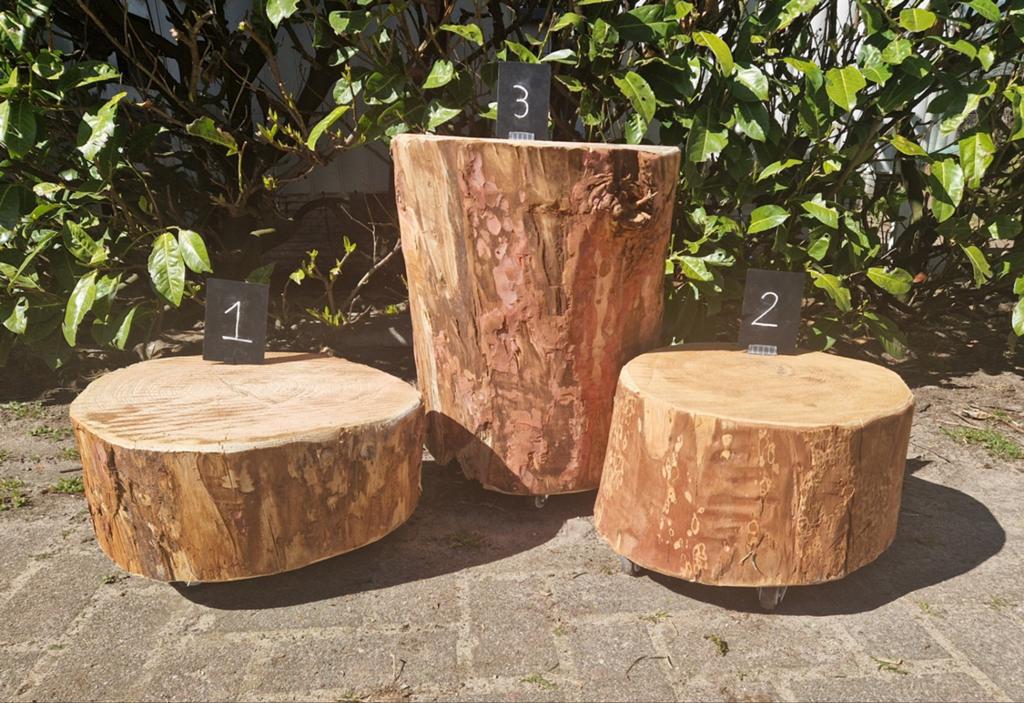 Te koop 3 boomstam bijzettafel op wieltjes, Huis en Inrichting, Tafels | Bijzettafels, Ophalen, ., ., .
