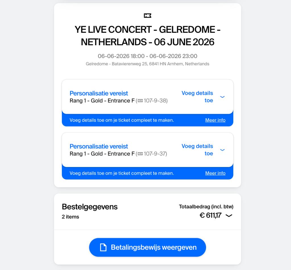 ONDER KOOPPRIJS - 2x Kanye West Concert tickets Rang 1 Gold, Tickets en Kaartjes, Twee personen, Juni