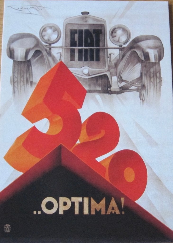 Poster op ansichtkaart - Fiat 520 optima - 1928 - nieuw, Verzenden, 1980 tot heden, Ongelopen, Voertuig