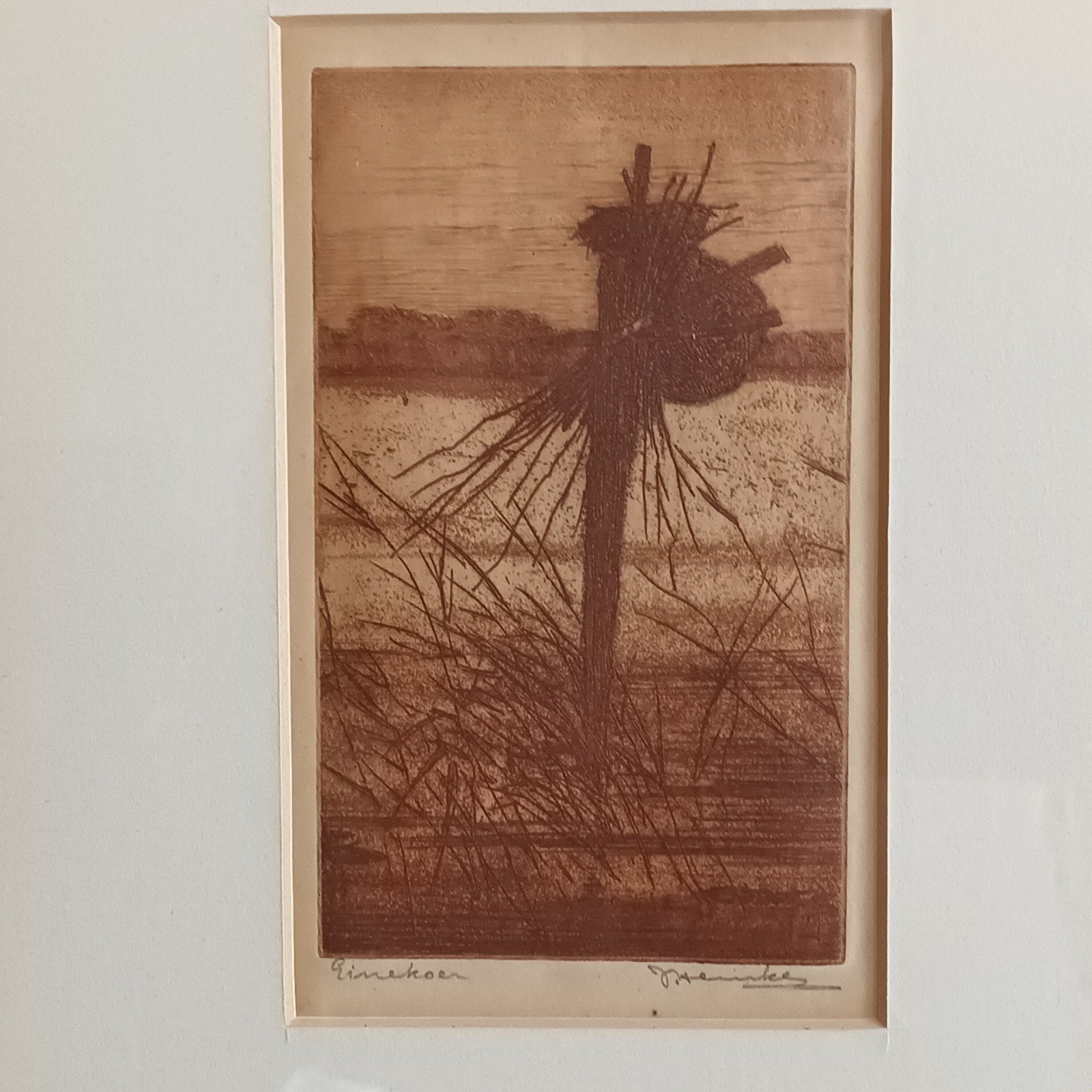 Johan Hemkes (1894-1988), ets, eendenkorf in landschap, Ophalen of Verzenden