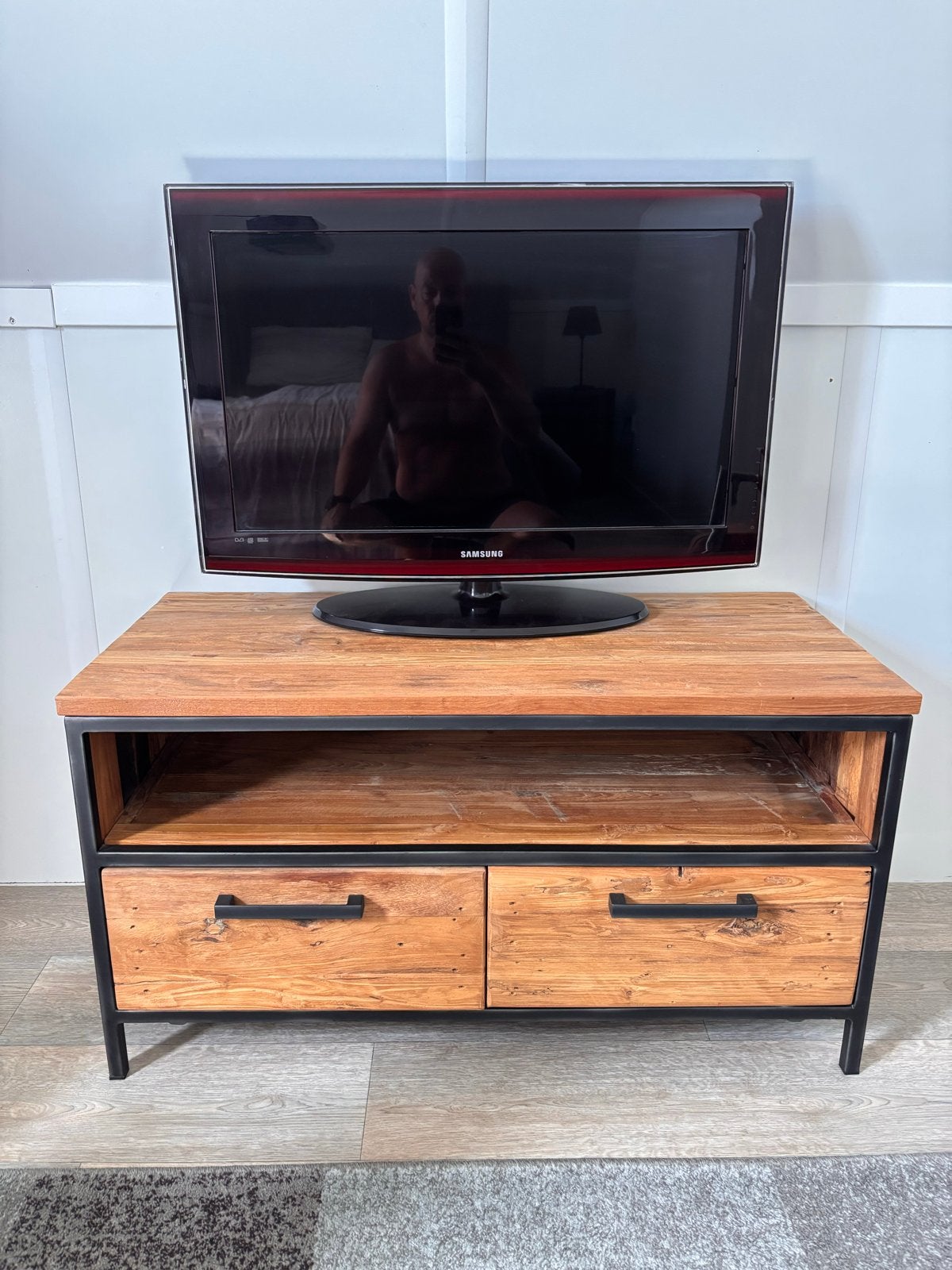 Industriële TV-meubel met lades - Hout en Metaal, Ophalen, 100 tot 150 cm, Teakhout, Zo goed als nieuw