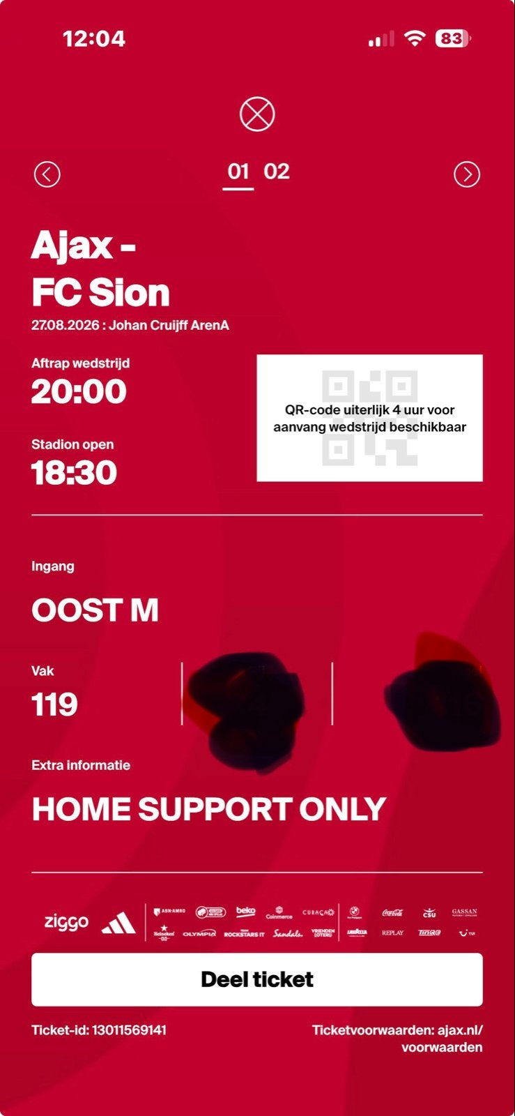 Ajax - Fc Sion 2 kaarten, Tickets en Kaartjes, Sport | Voetbal, Losse kaart, Twee personen, Augustus, Europa of Champions League