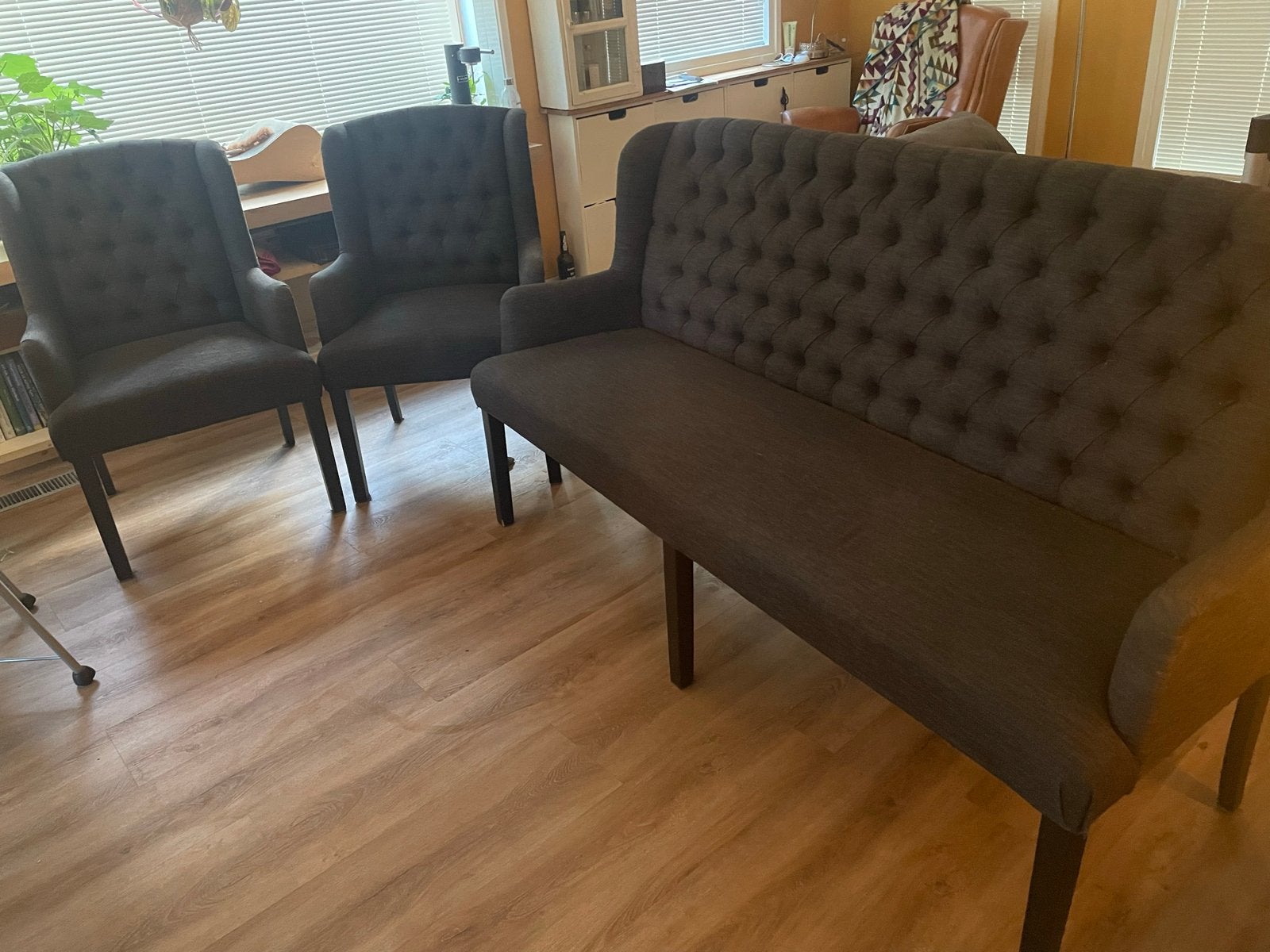 Eetkamerbank en -stoelen - antraciet gemêleerd, Ophalen, Twee, Zo goed als nieuw, Stof