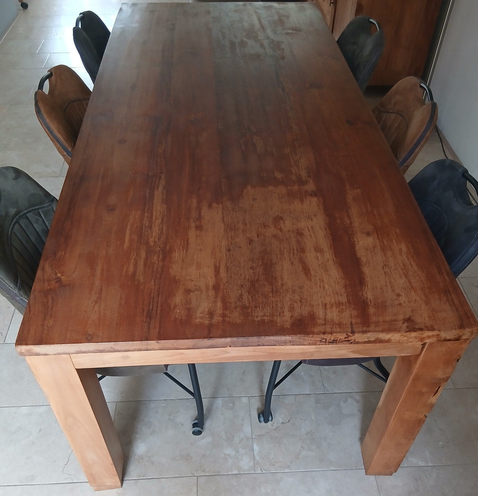 Massief houten TEAK eettafel - 218x100 cm, Ophalen, Gebruikt, Robuust, warm, Teakhout