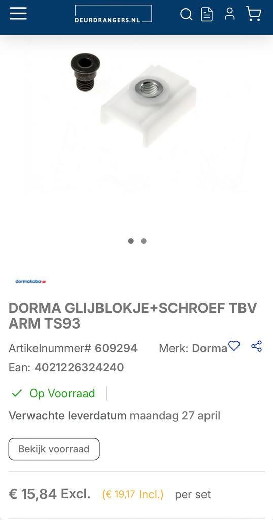 10x Dorma glijblokjes met inbusschroef NIEUW, Ophalen of Verzenden, Nieuw, Overige materialen, Overige typen