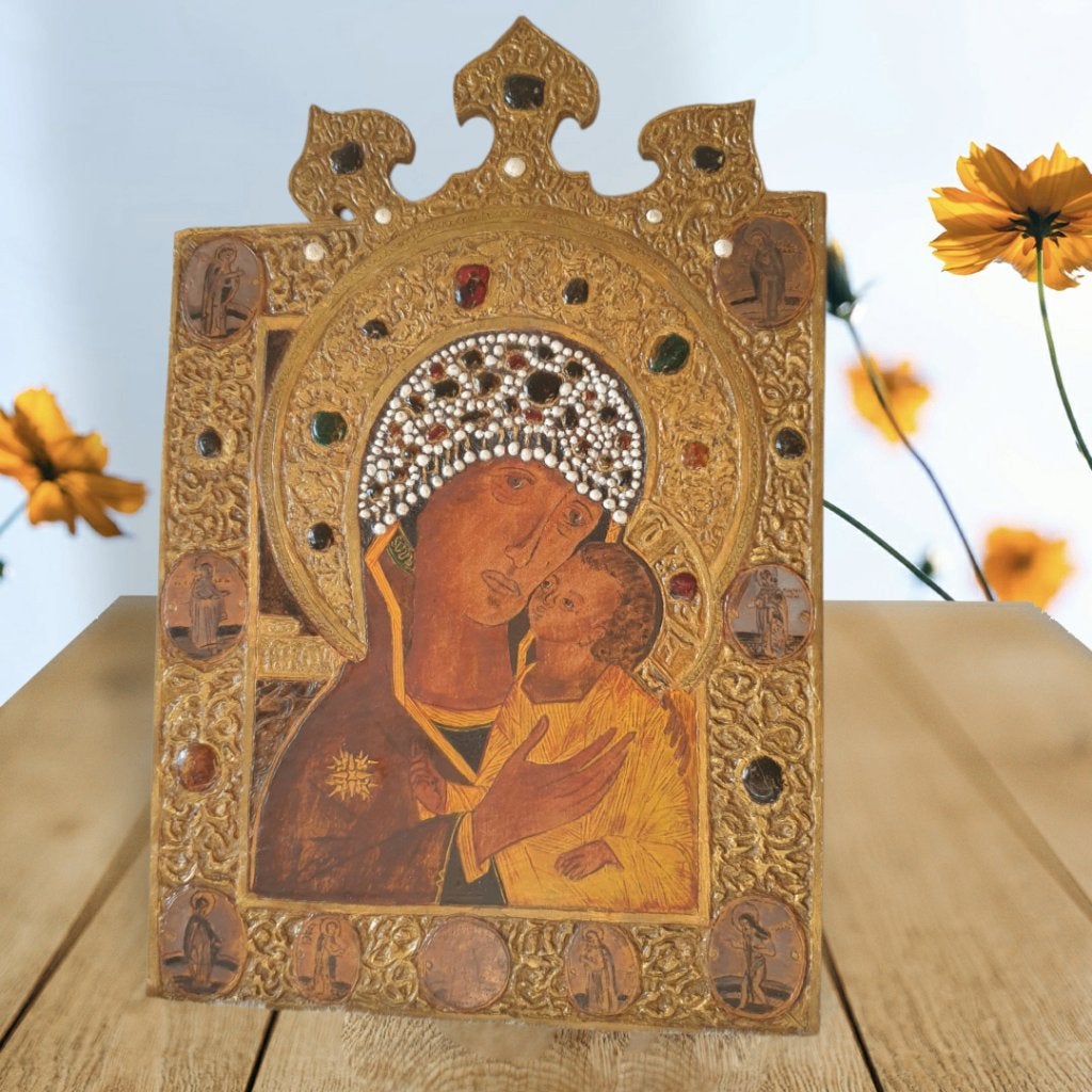 Prachtig handgemaakt icoon op hout Theotokos van Petrov 0207, Ophalen of Verzenden