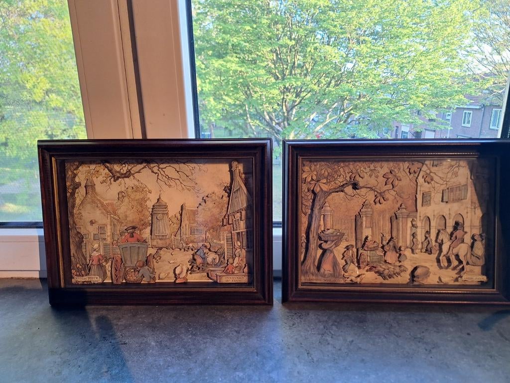 Twee Anton Pieck 3D-prenten in lijst, Ophalen of Verzenden