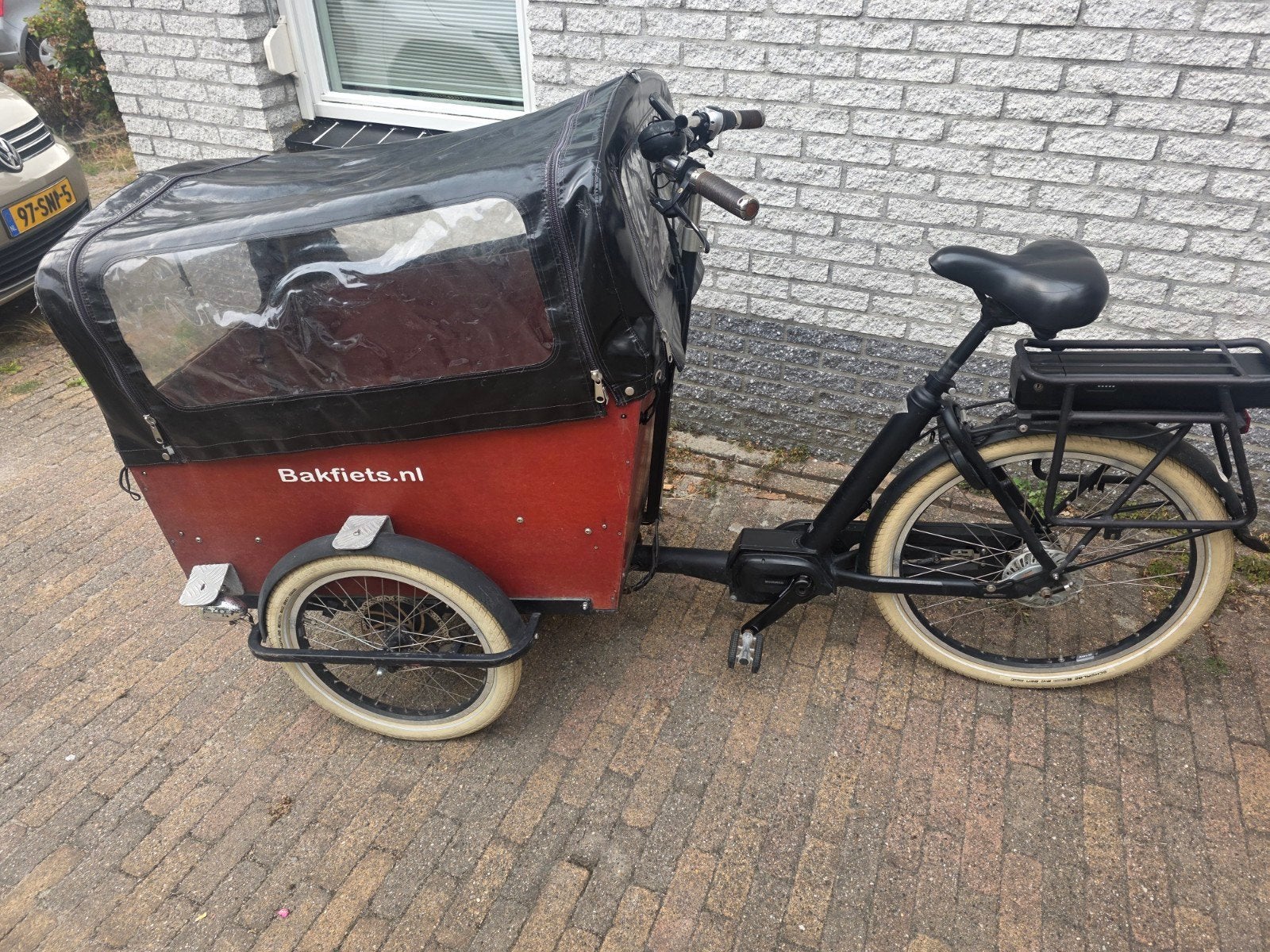 Elektrische bakfiets met huif 3 wielen, 4 kinderen of meer, Gebruikt, Huif, Schijfrem