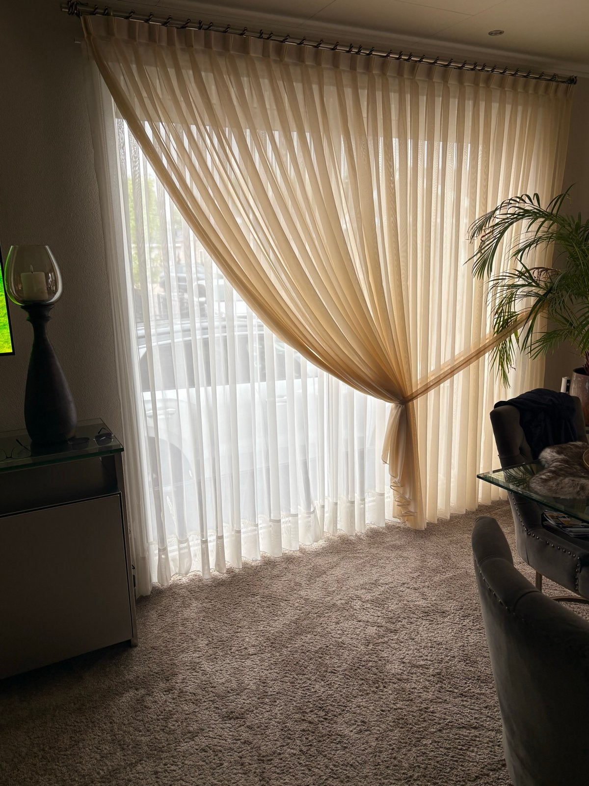3 x Lichtdoorlatende Vitrage Gordijnen - Beige/Crème, Ophalen, Vitrage, Gebruikt, Beige