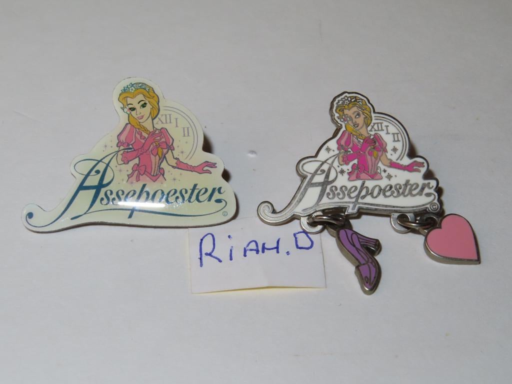 Efteling pins Assepoester met en zonder bedels., Ophalen, Zo goed als nieuw, Button of Speldje
