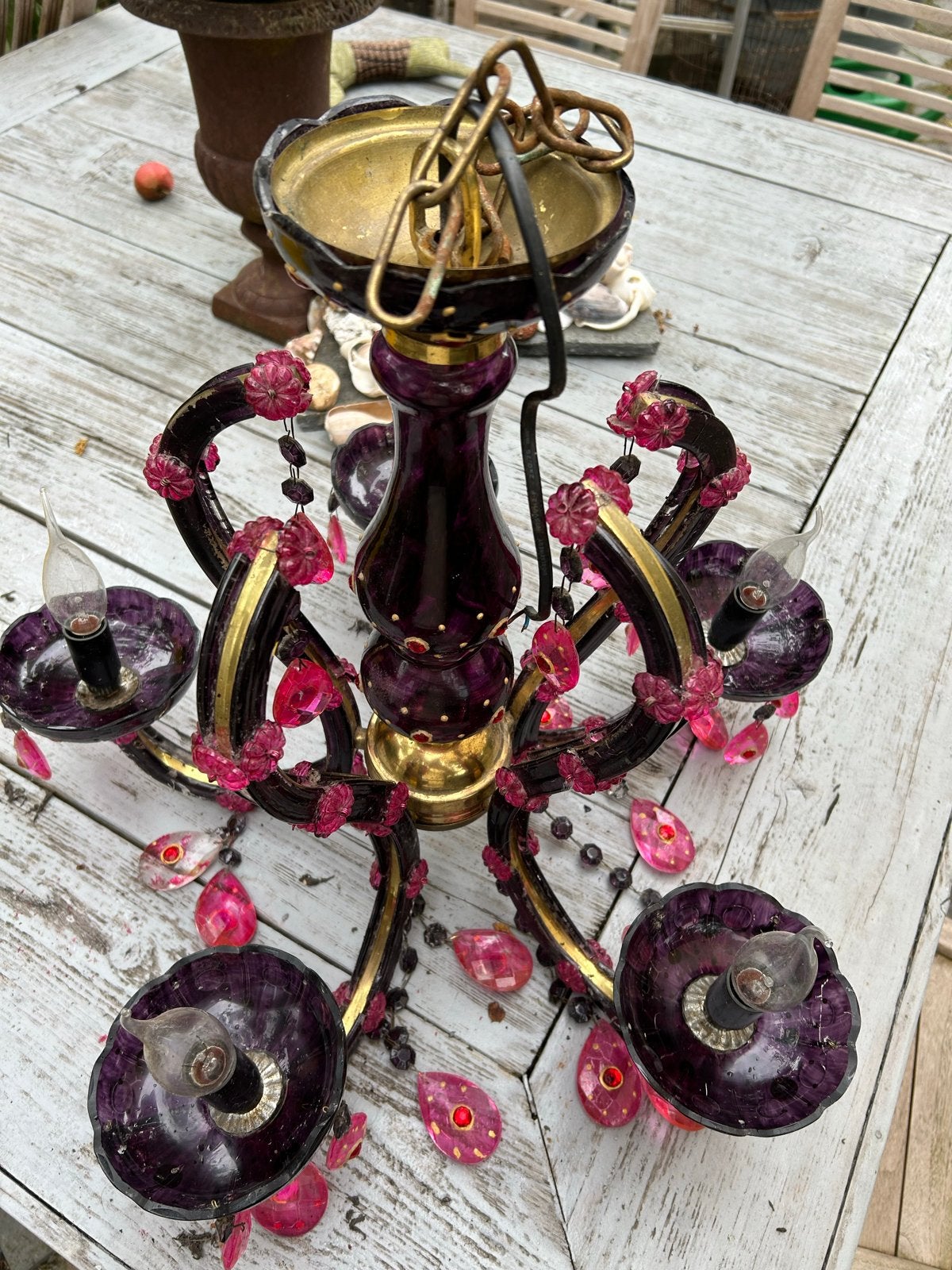 Vintage paarse kroonluchter met roze kristallen, Ophalen