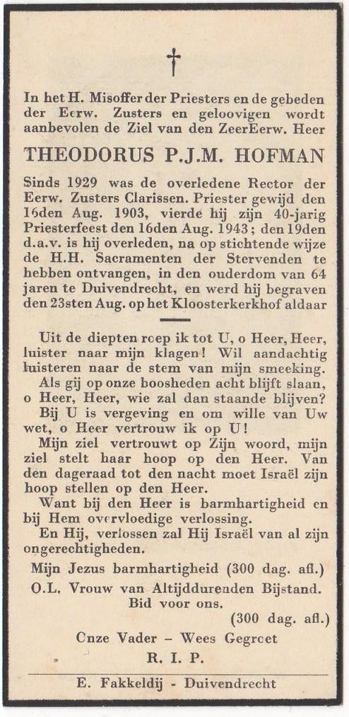 Priester Theodorus Hofman 1879 Woerden + 1943 Ouder-Amstel, Verzenden