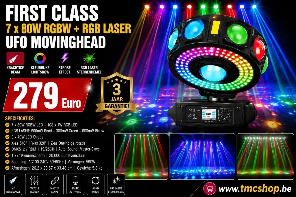 Nieuwe First Class 7 x 80W RGBW + RGB LASER Ufo Movinghead, Ophalen of Verzenden, Nieuw, Licht, Geluidgestuurd