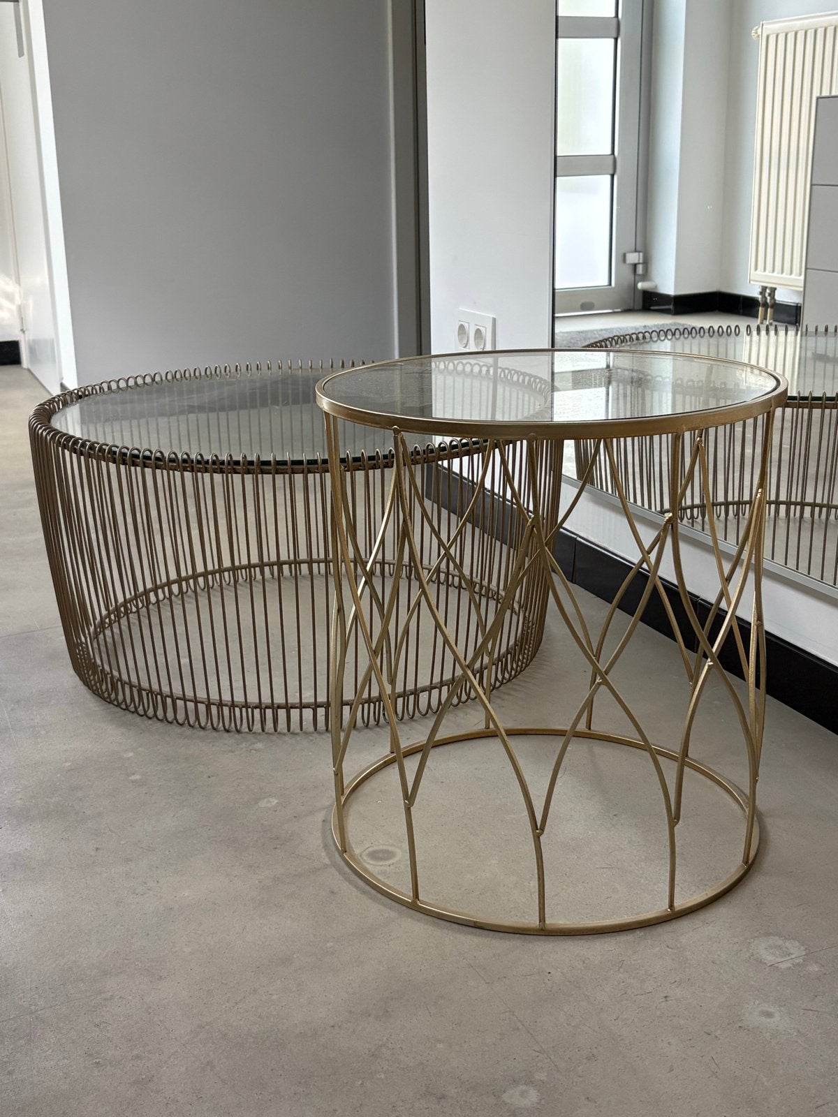 Riverdale bijzettafels set - Glas en metaal (70 & 50 cm), Ophalen, Gebruikt, Rond, Glas