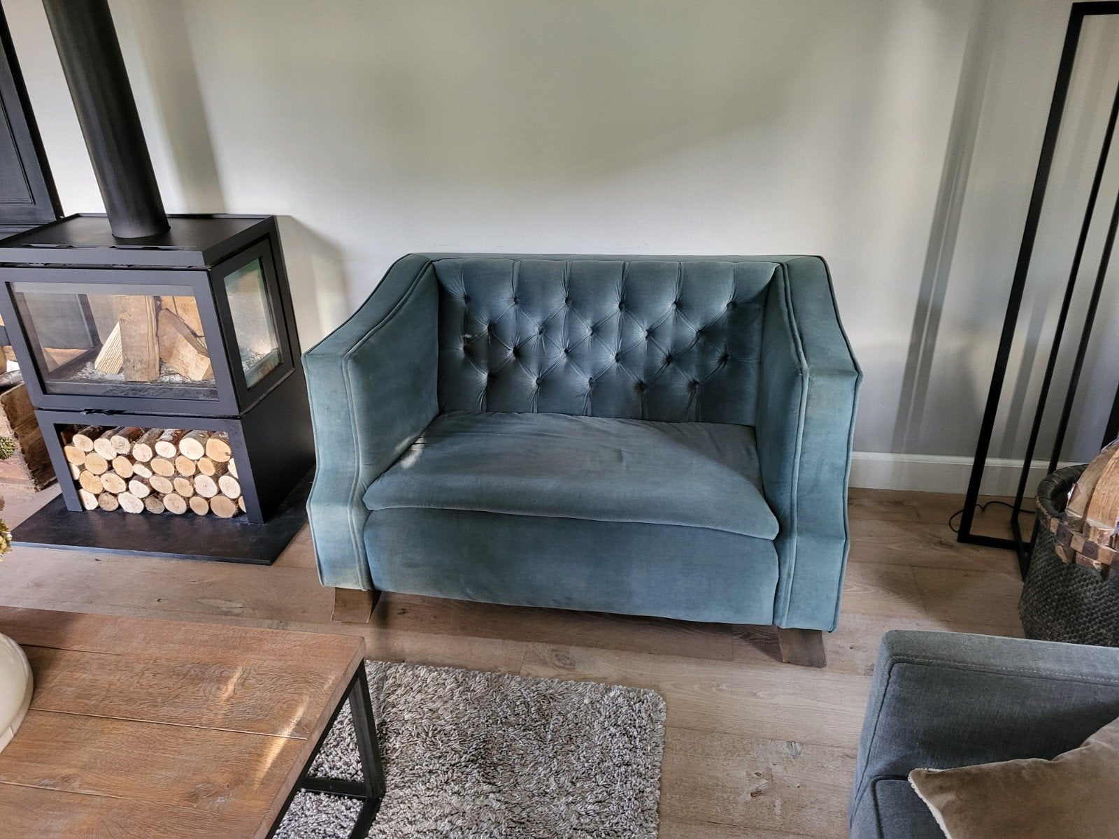 Comfortabele fauteuil in blauwgroene stof, Blauw, Ophalen of Verzenden, Zo goed als nieuw, Klassiek, Modern, Comfortabel