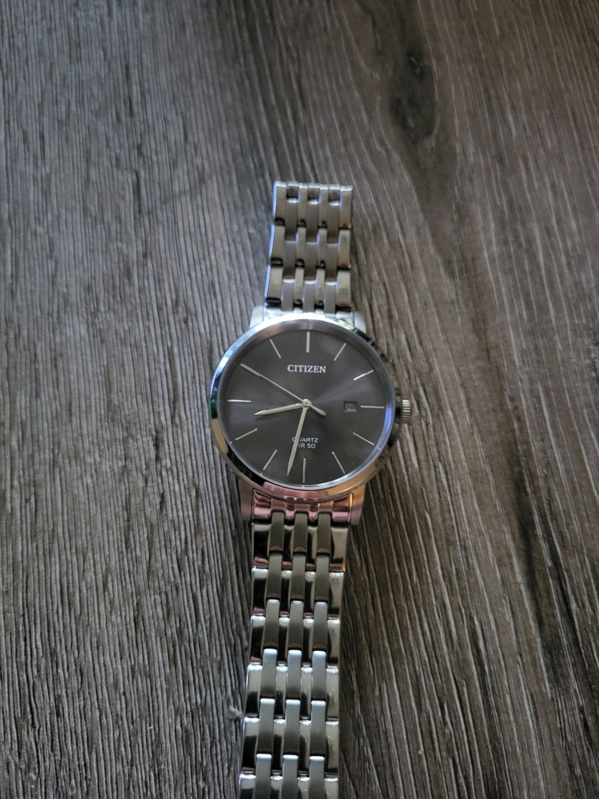 Citizen heren horloge met grijze wijzerplaat en datum, Staal, Ophalen of Verzenden, Zo goed als nieuw, Polshorloge