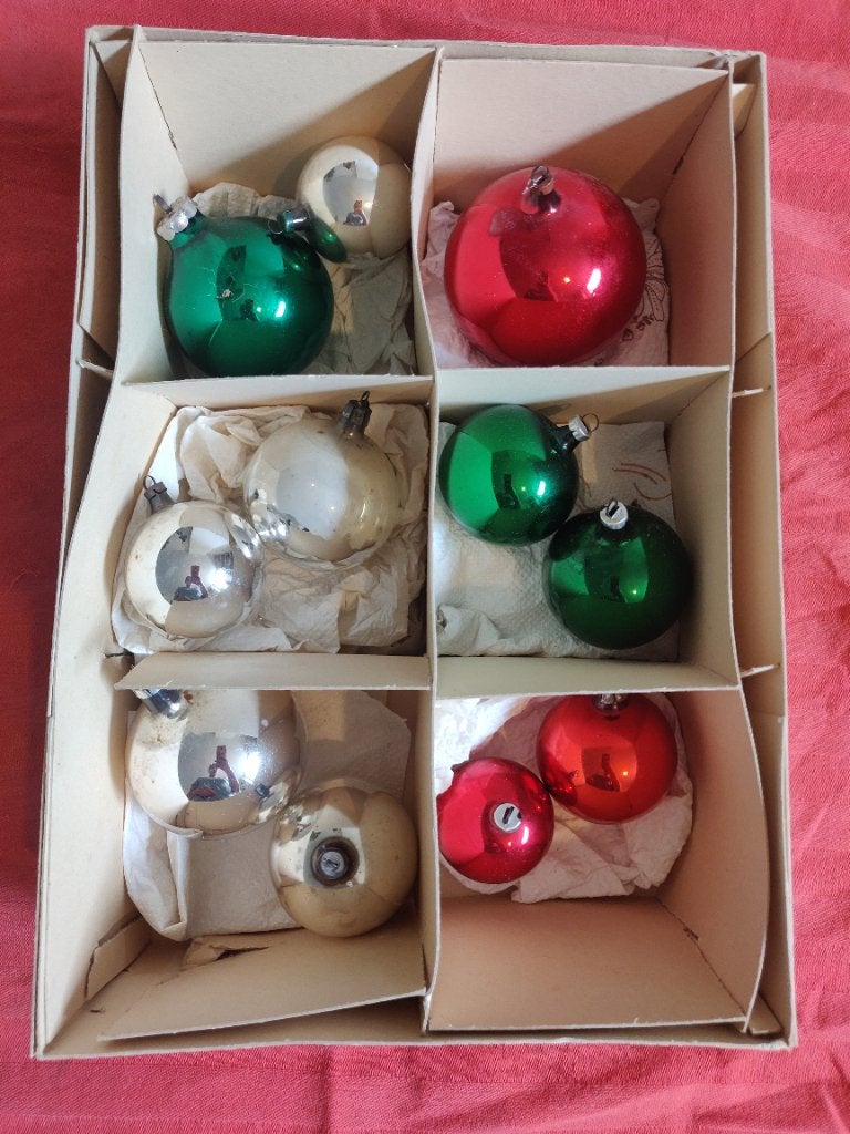 11 vintage kerstballen, glas, in originele doos, Diversen, Ophalen of Verzenden, Nieuw
