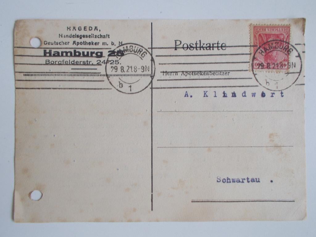 Duitse Rijk, Postkaart Aan Apotheker Schwartau 1921., Postzegels en Munten, Brieven en Enveloppen | Buitenland, Ophalen, Briefkaart
